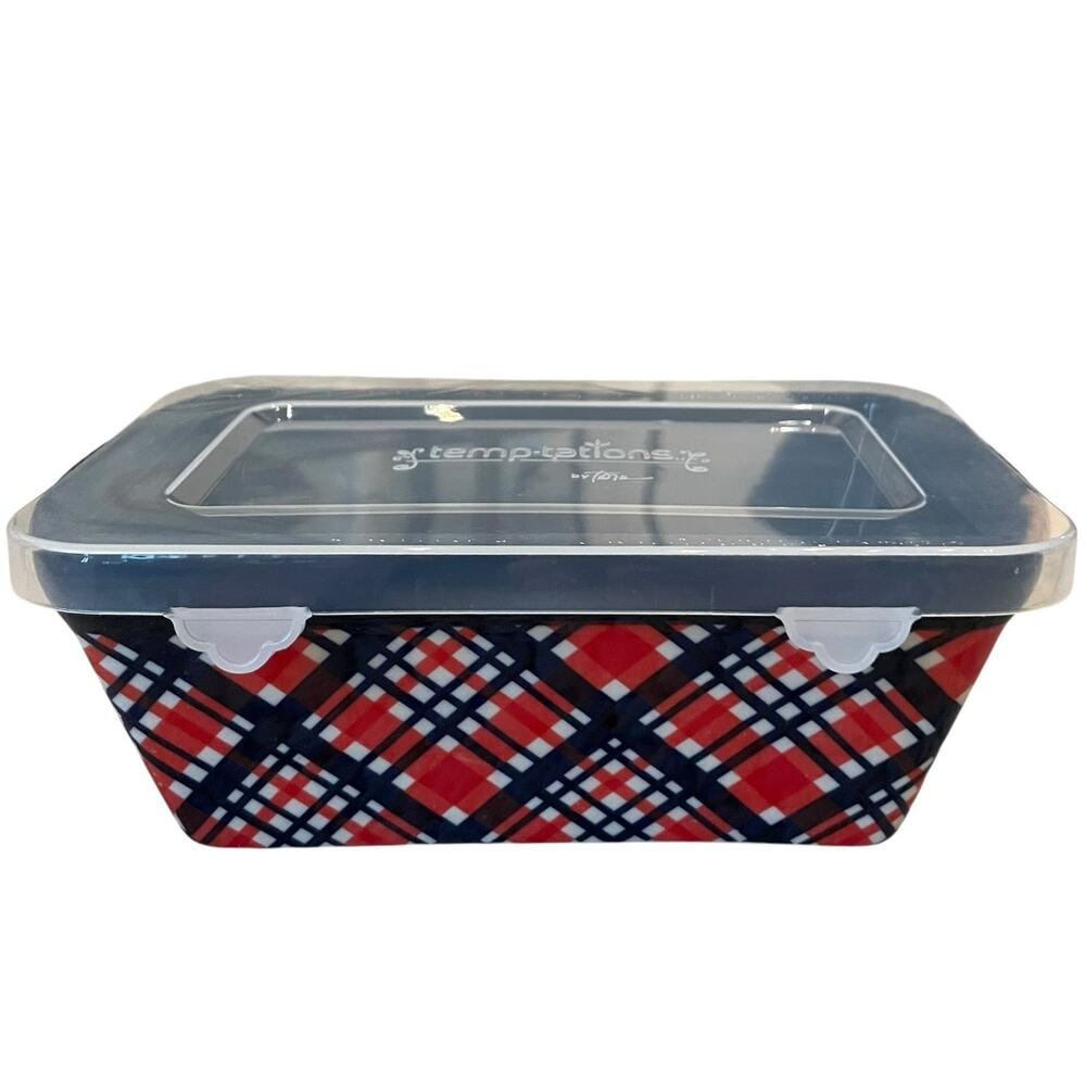 Temptations by Tara Mini Ceramic Loaf Pan w/ Lid 12oz Holiday Plaid Bakeware NEW